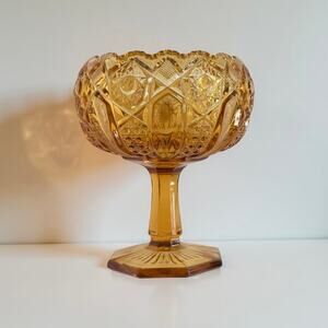 MCM L.E. Smith Dark Amber Glass Heritage Quintec Compote Stem Candy Dish 50s